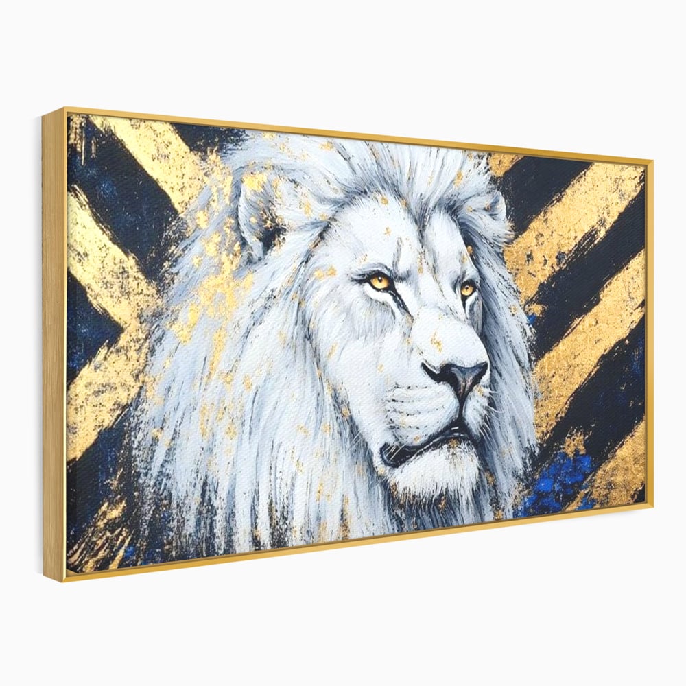 Tablou canvas cu tablou canvas cu leu alb si accente aurii, in rama de aluminiu auriu